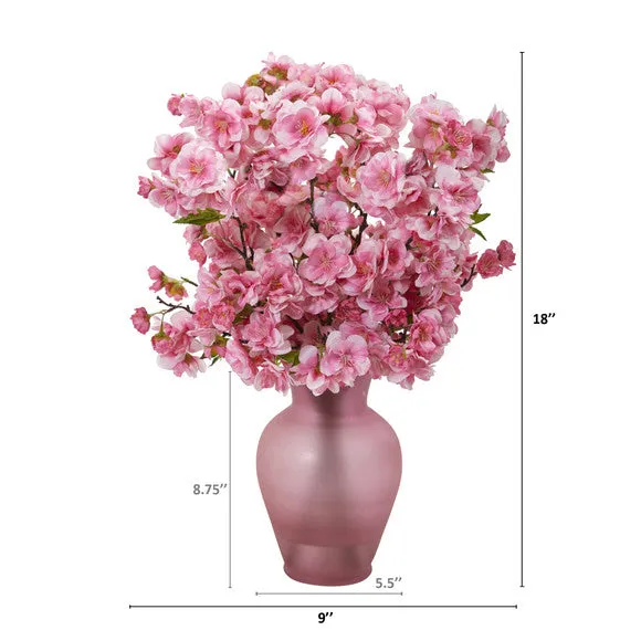 18" Cherry Blossom Artificial Arrangement in Rose Colored Vase