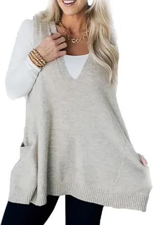 2025 Women's Cozy Pocket Sweater Vest, V-Neck Pocket Sleeveless Sweater Vest V Neck Knit Sweater Vest for Women
