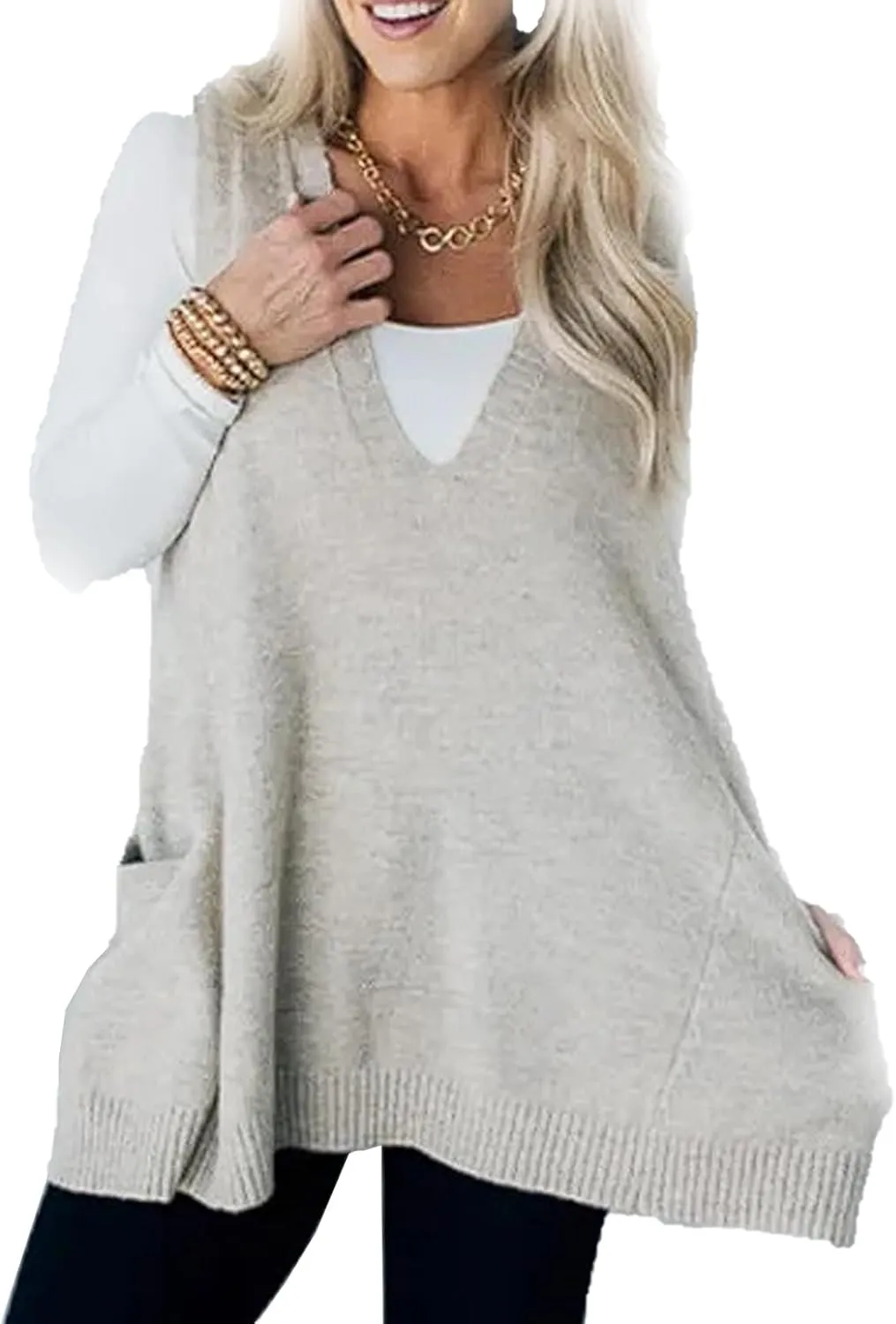 2025 Women's Cozy Pocket Sweater Vest, V-Neck Pocket Sleeveless Sweater Vest V Neck Knit Sweater Vest for Women
