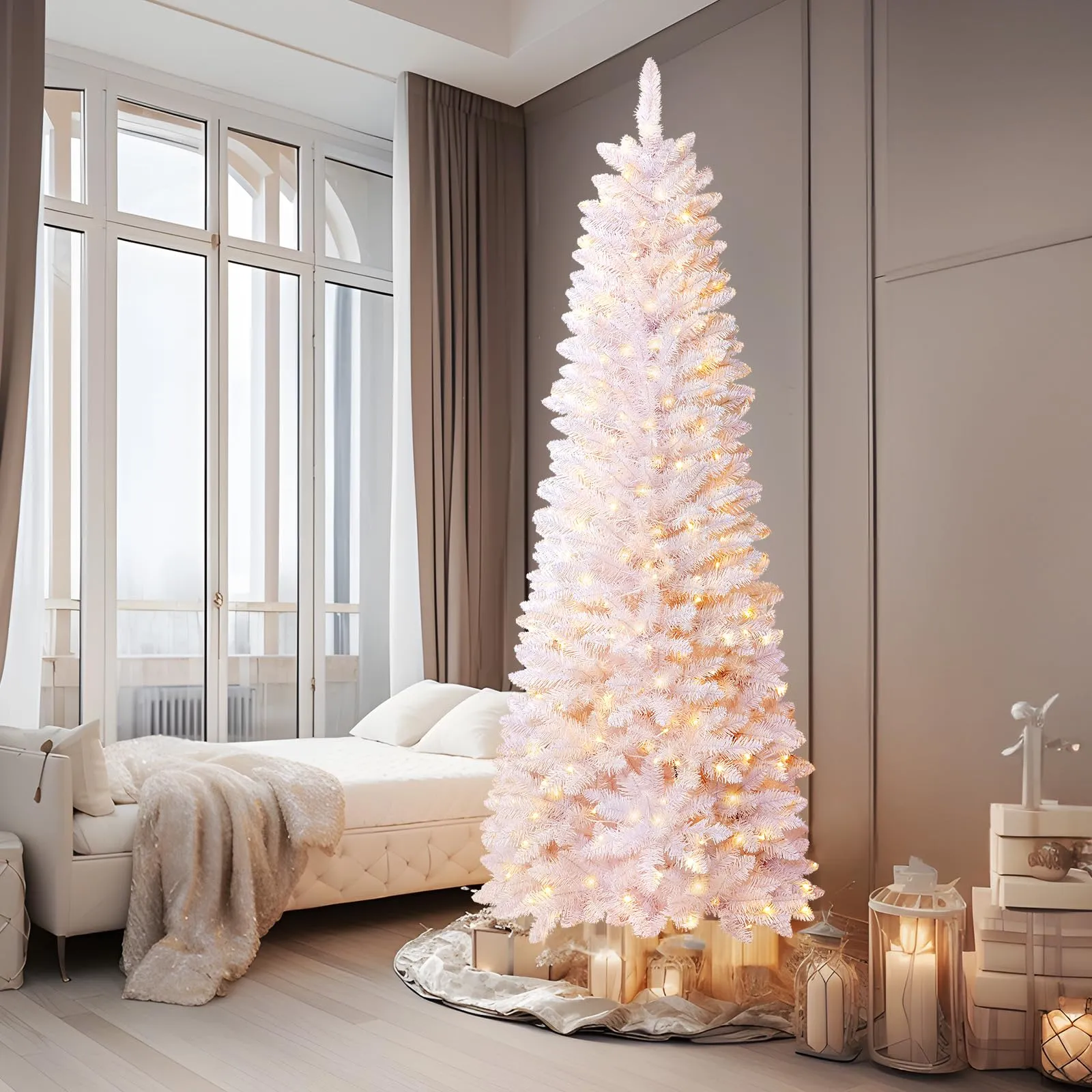 4ft Prelit Warm White & Multi-Color Lights Artificial Hinged Pencil Christmas Tree with Remote Control