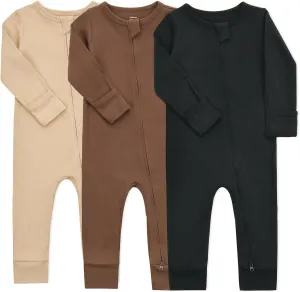 Aablexema Baby Cotton Fooltess Pajamas with Mitten, 3-pack Infant Romper Zip Up One Piece Jumpsuits Outfit