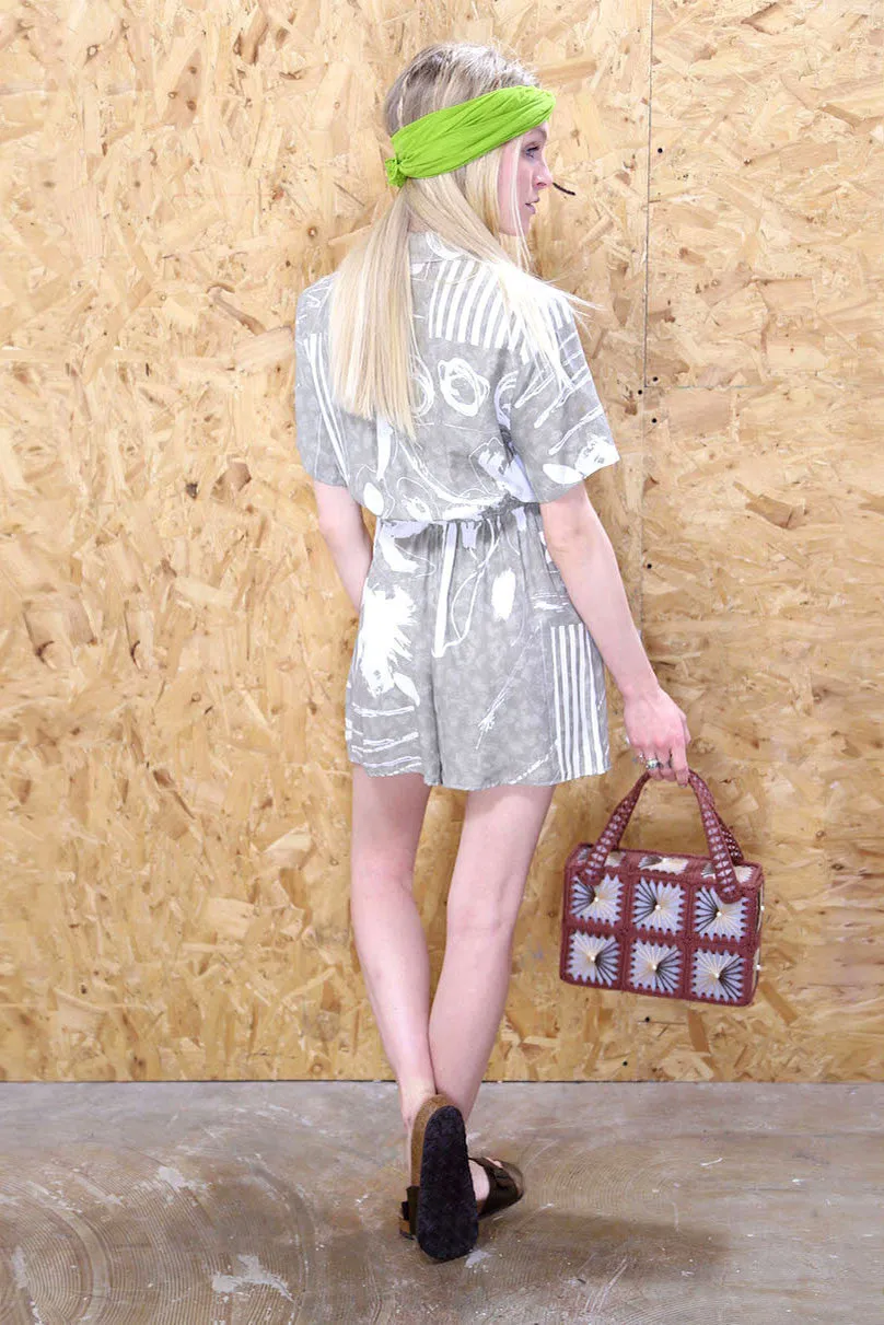 Abstract Print Collared Playsuit in Grey and White