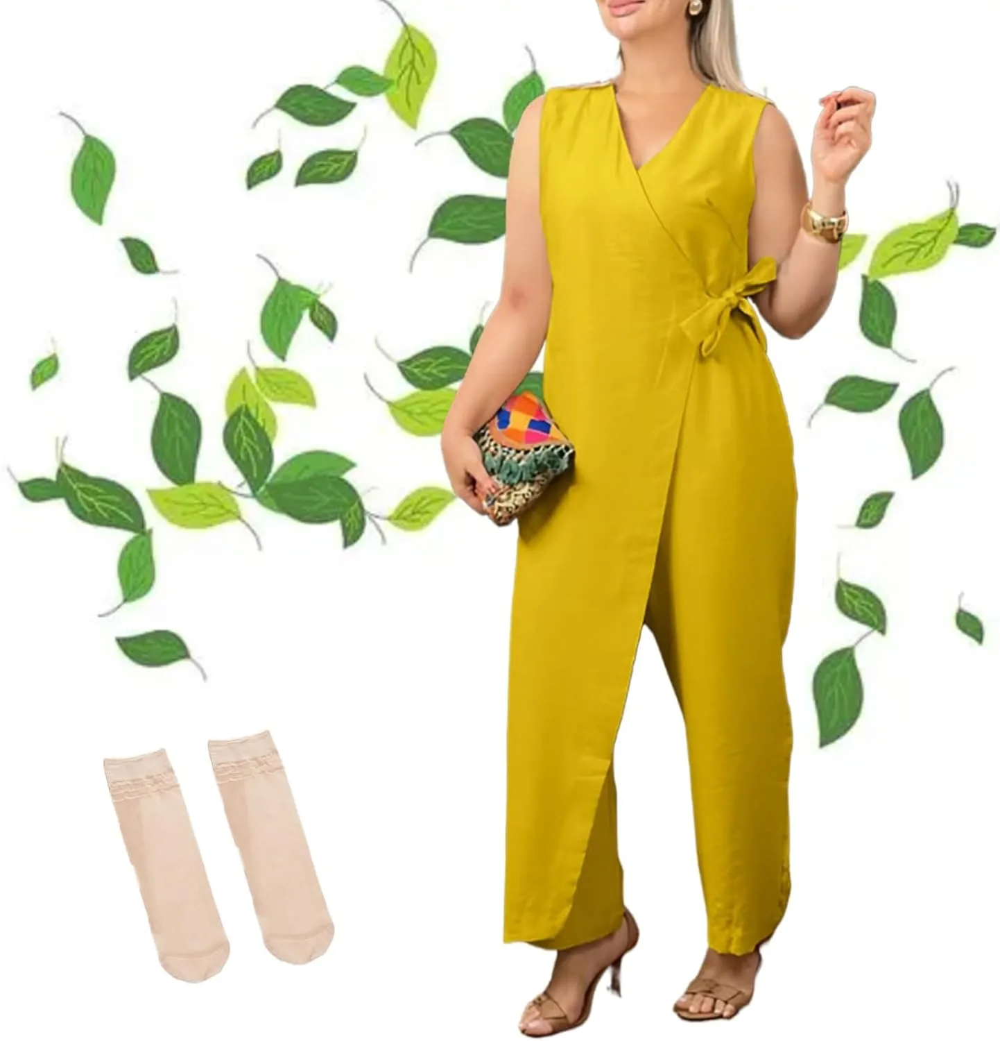 Alltoright Women's Casual V-neck Cross Strap Jumpsuit, Summer Sleeveless High Waist Wide Leg Jumpsuits Casua