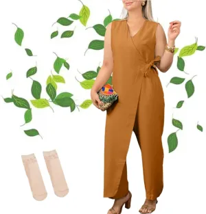 Alltoright Women's Casual V-neck Cross Strap Jumpsuit, Summer Sleeveless High Waist Wide Leg Jumpsuits Casua