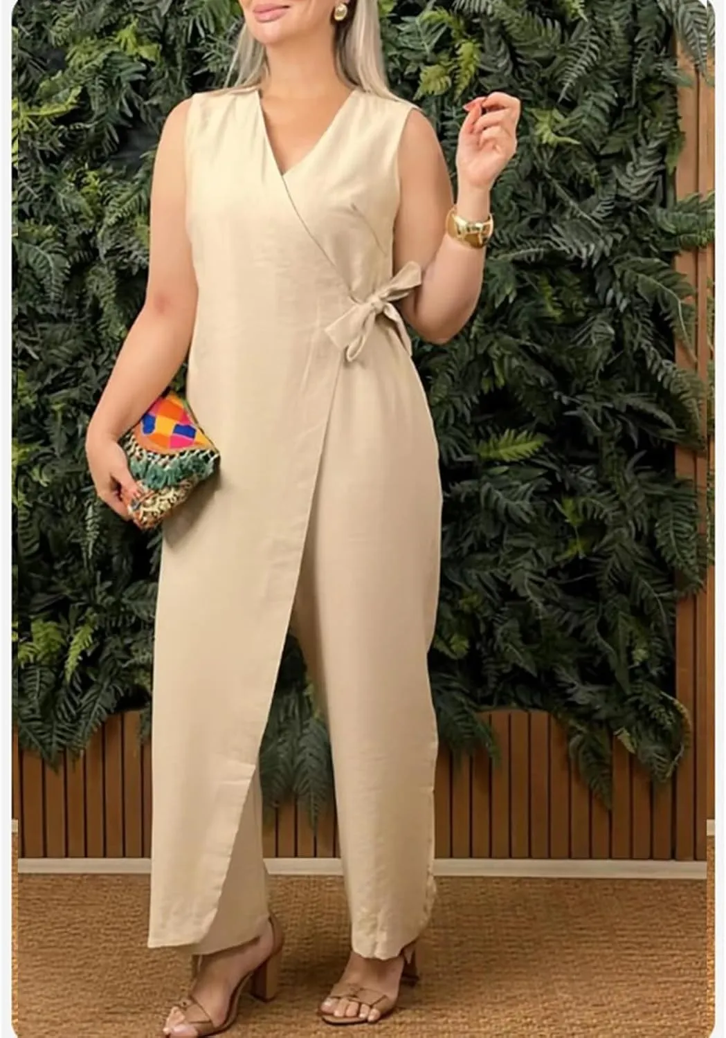 Alltoright Women's Casual V-neck Cross Strap Jumpsuit, Summer Sleeveless High Waist Wide Leg Jumpsuits Casua