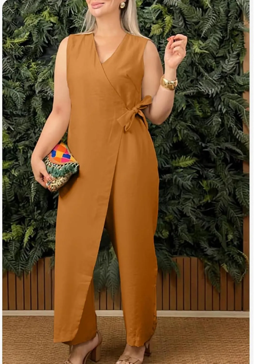 Alltoright Women's Casual V-neck Cross Strap Jumpsuit, Summer Sleeveless High Waist Wide Leg Jumpsuits Casua