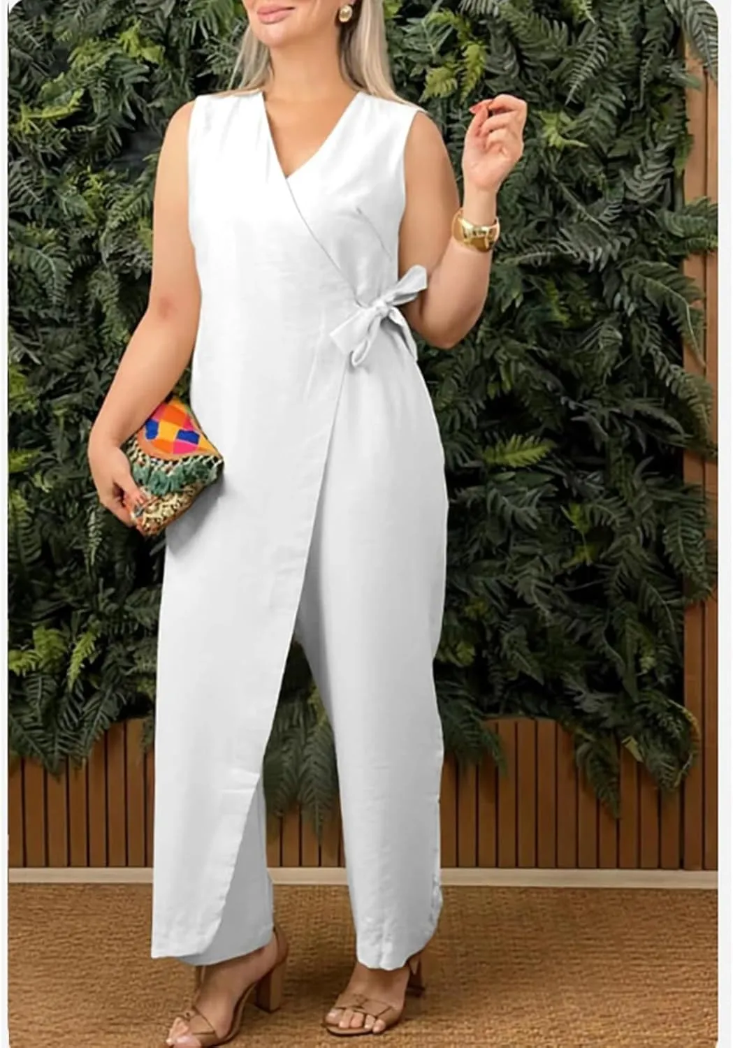 Alltoright Women's Casual V-neck Cross Strap Jumpsuit, Summer Sleeveless High Waist Wide Leg Jumpsuits Casua