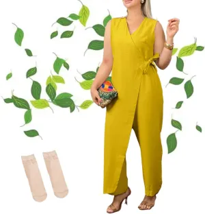 Alltoright Women's Casual V-neck Cross Strap Jumpsuit, Summer Sleeveless High Waist Wide Leg Jumpsuits Casua