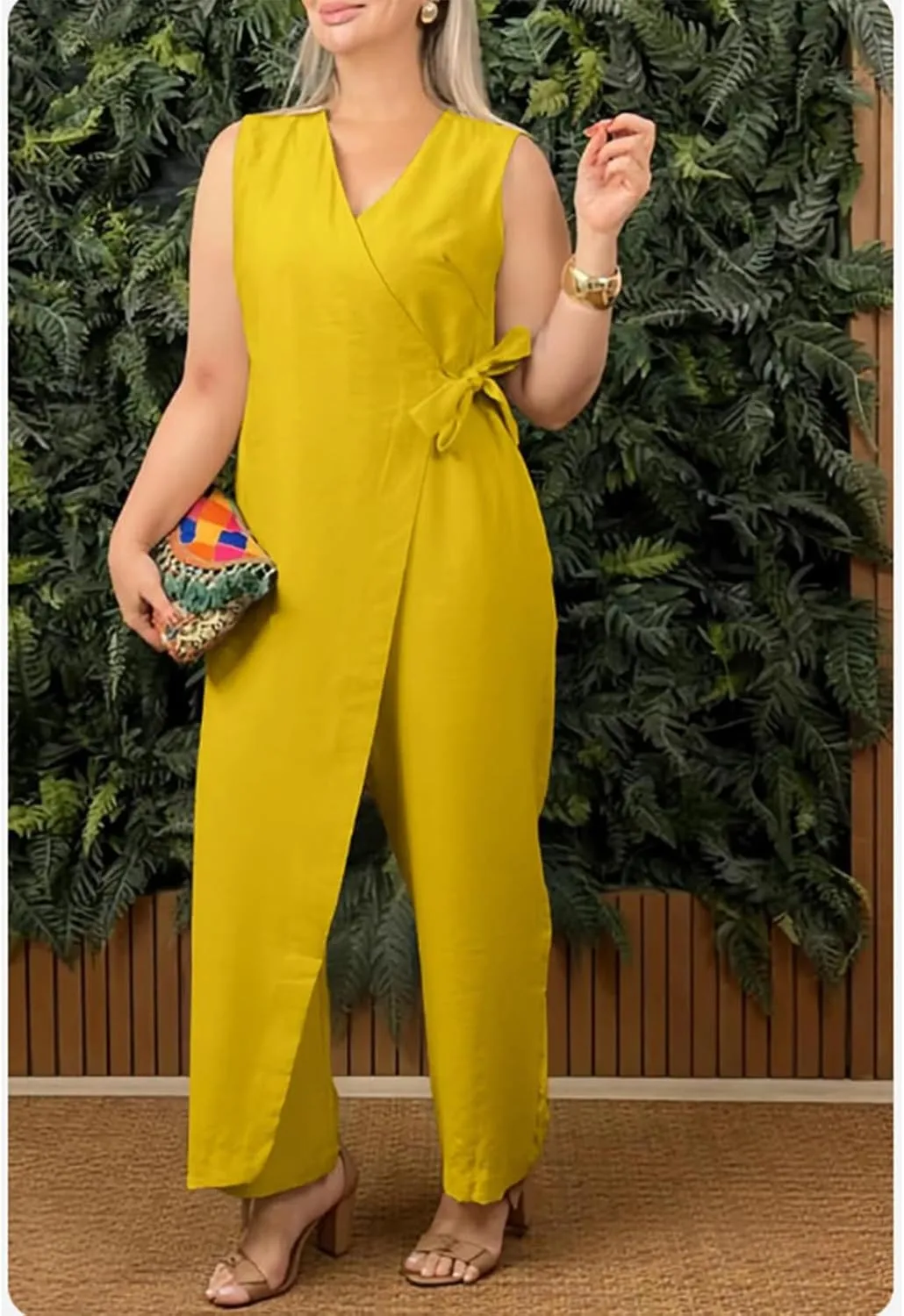 Alltoright Women's Casual V-neck Cross Strap Jumpsuit, Summer Sleeveless High Waist Wide Leg Jumpsuits Casua