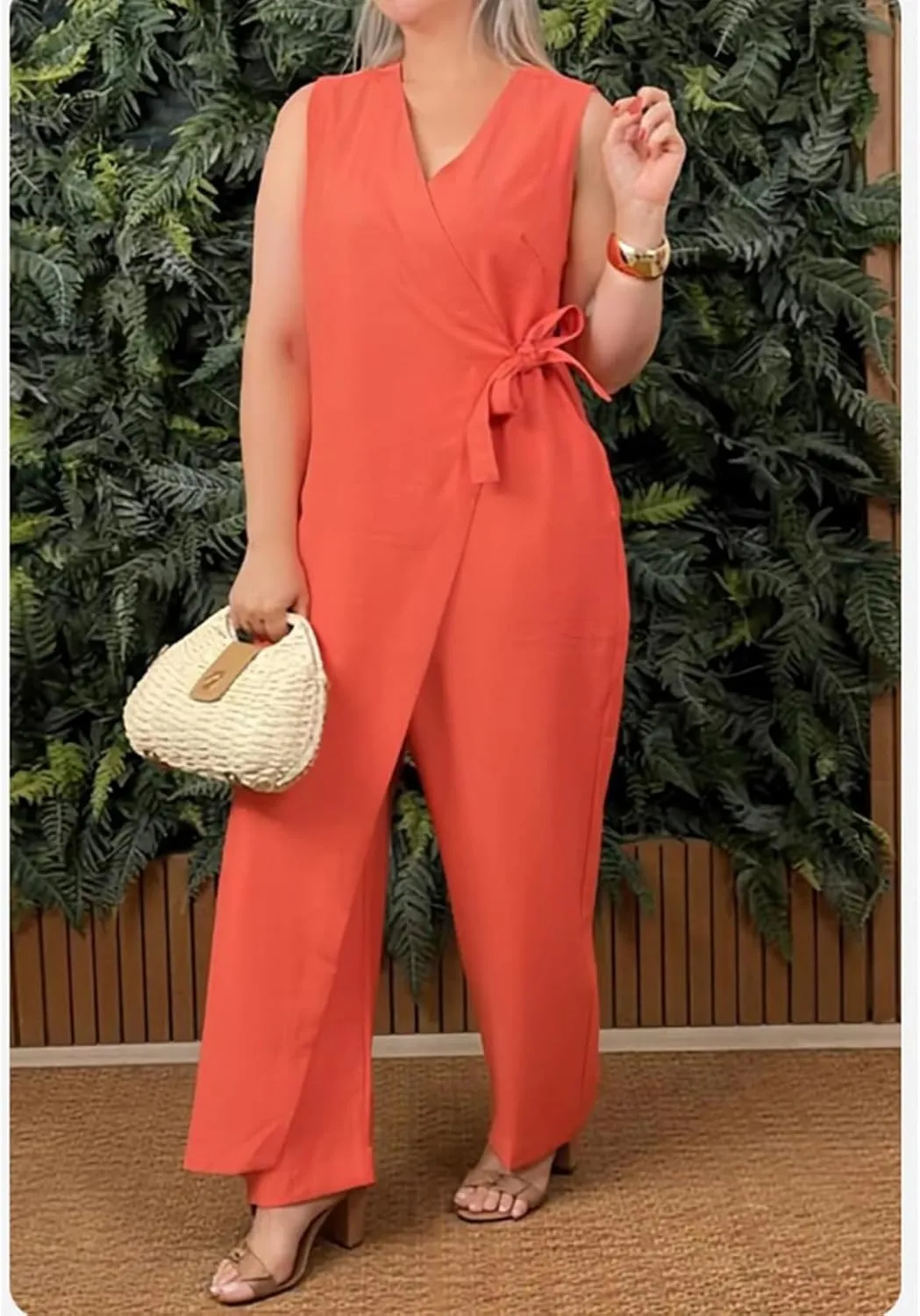 Alltoright Women's Casual V-neck Cross Strap Jumpsuit, Summer Sleeveless High Waist Wide Leg Jumpsuits Casua