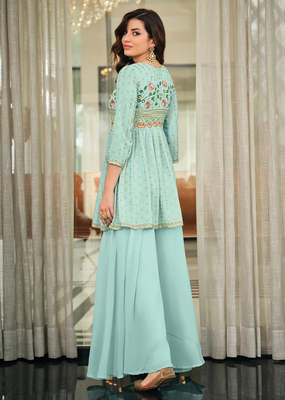 Aqua Blue Festive Wear Georgette Palazzo Salwar Suit