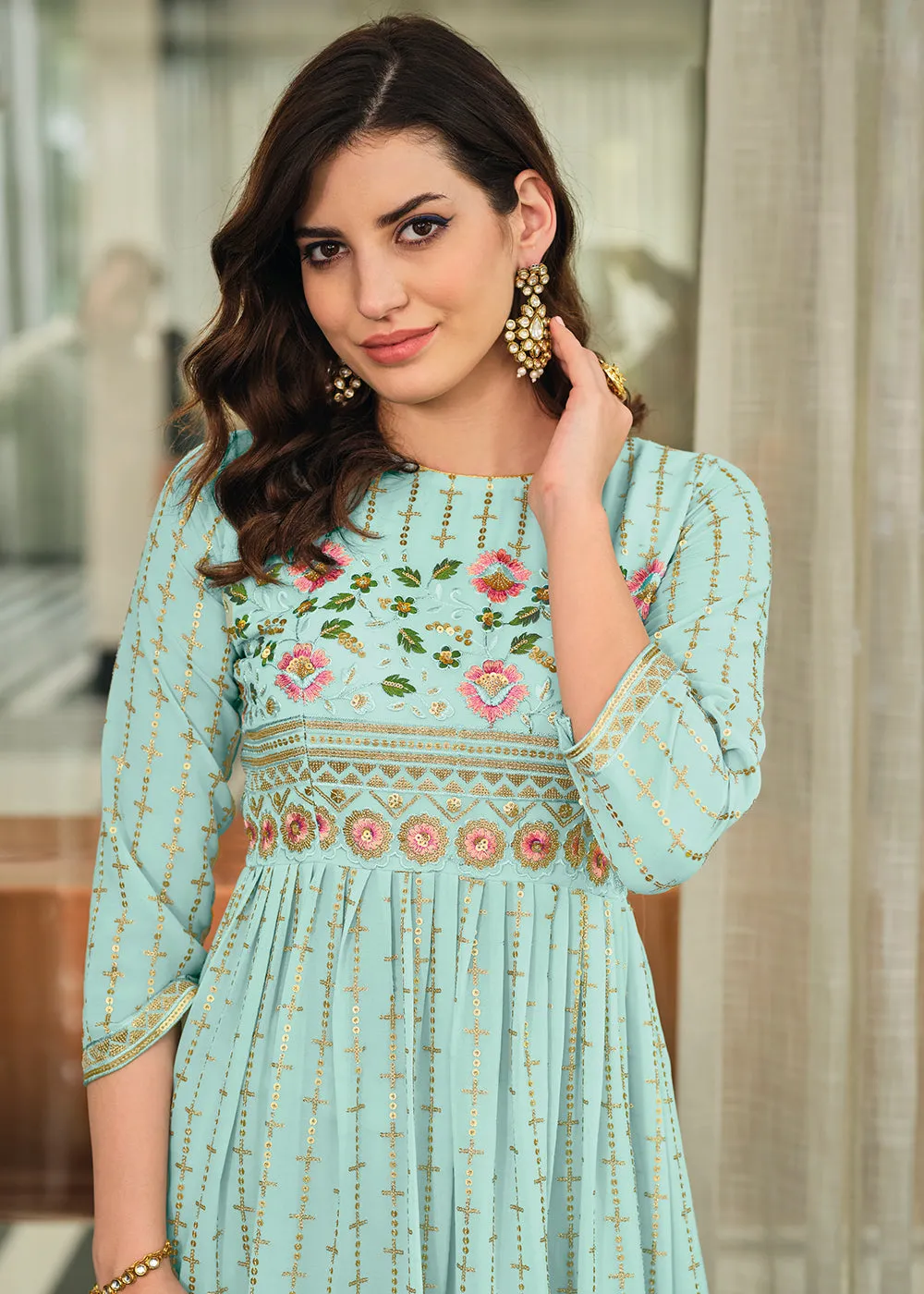 Aqua Blue Festive Wear Georgette Palazzo Salwar Suit