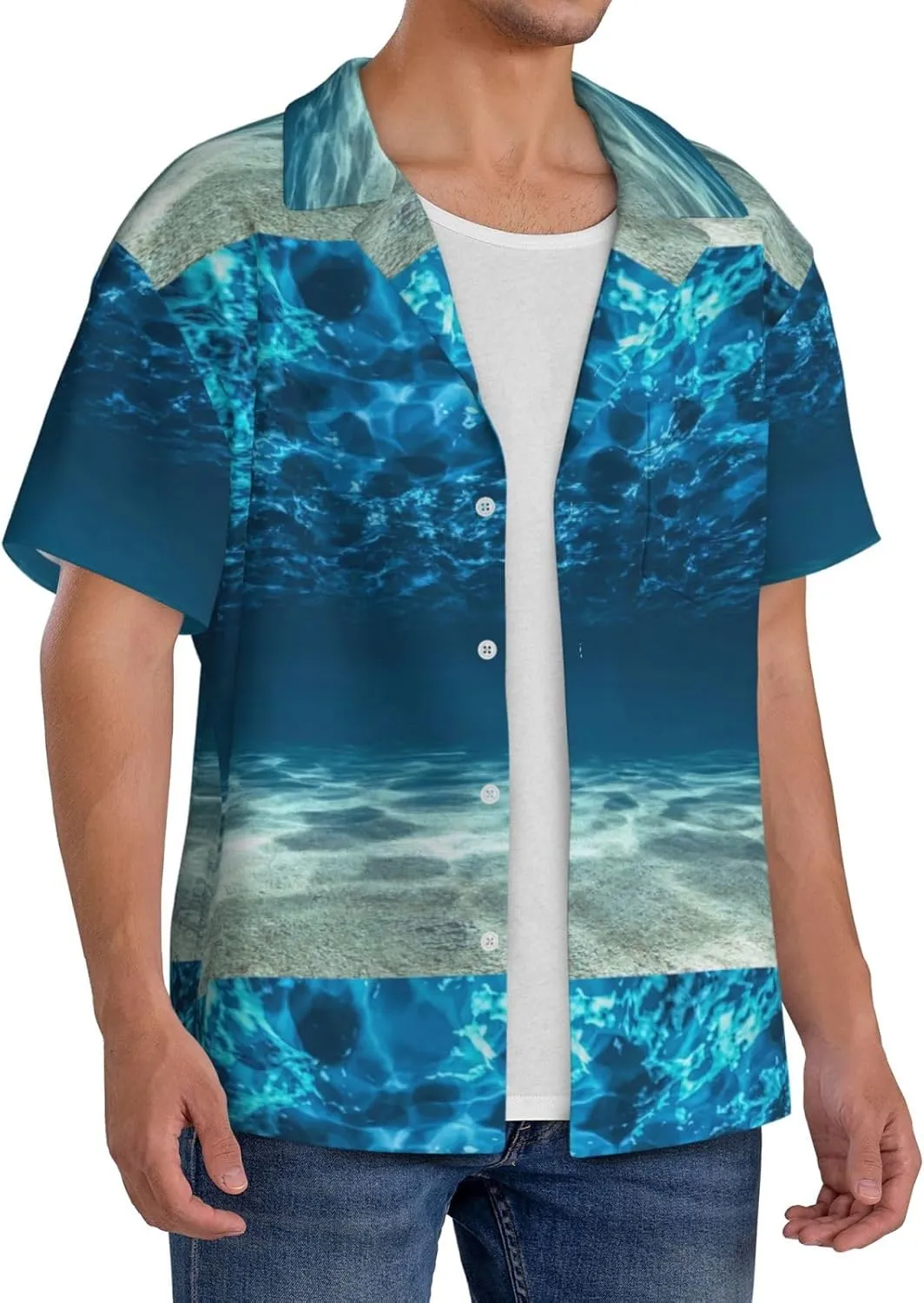 Blue Ocean Sea Print Men's Fashionable Cuban Collar Shirts for Tropical Parties and Casual Occasions