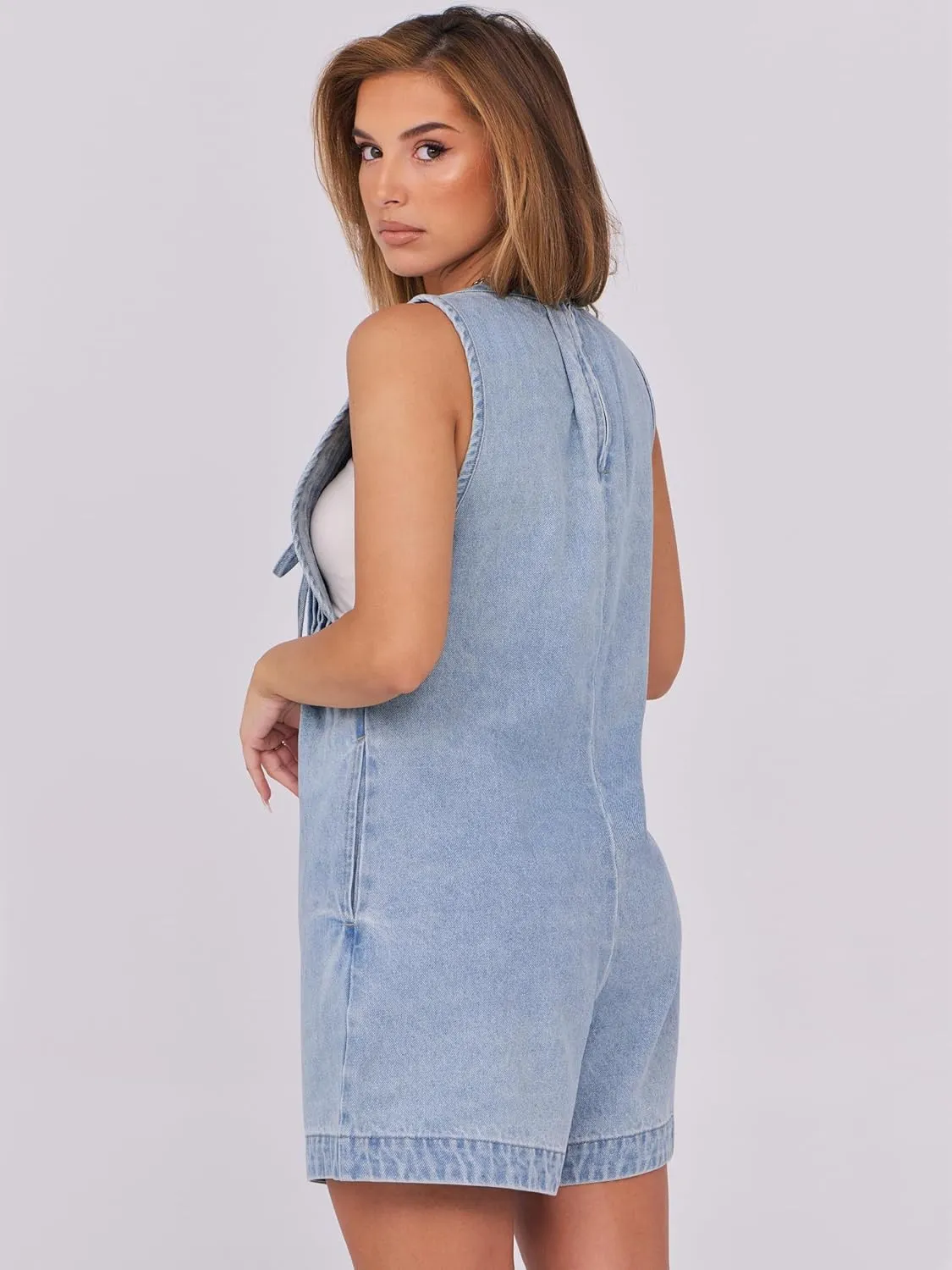 Caracilia Women Oversized Denim Romper Summer Casual V Neck Tie Front Sleeveless Jean Jumpsuits Short Overalls with Pockets