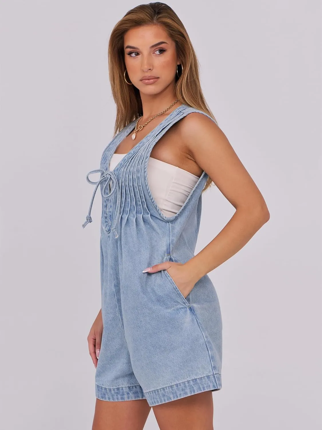Caracilia Women Oversized Denim Romper Summer Casual V Neck Tie Front Sleeveless Jean Jumpsuits Short Overalls with Pockets