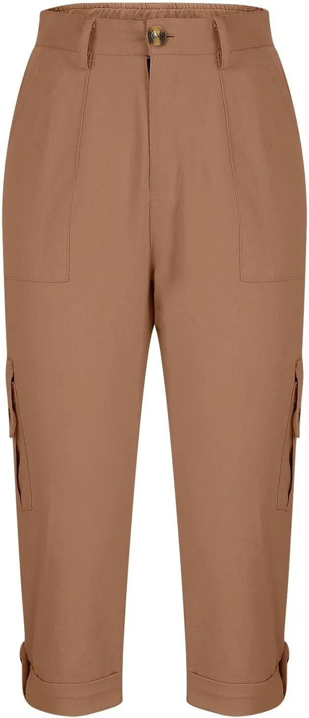 Cargo Capri Pants Women High Waisted Elastic Capris Trousers Cropped Pants with Pockets Casual Work Clothes