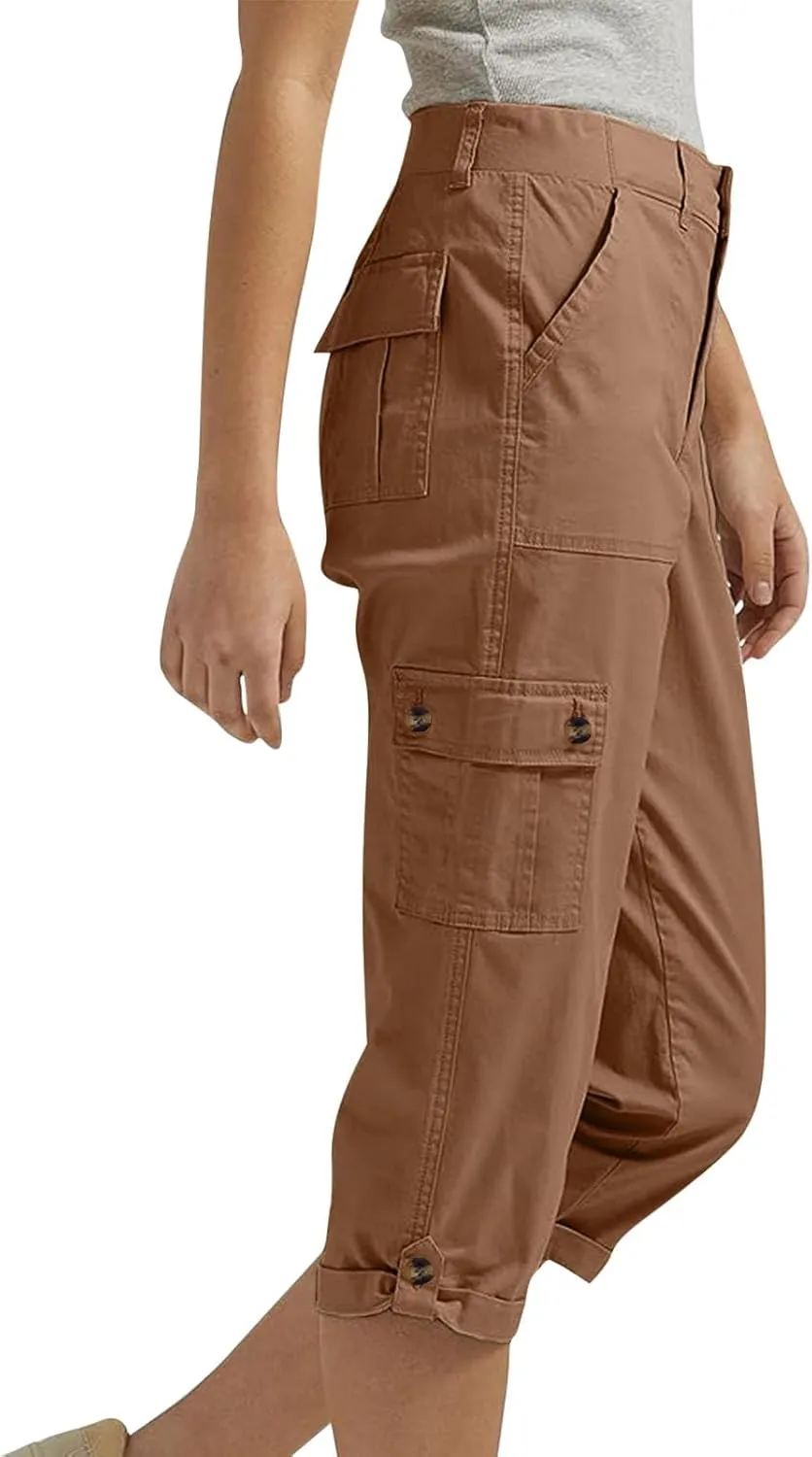 Cargo Capri Pants Women High Waisted Elastic Capris Trousers Cropped Pants with Pockets Casual Work Clothes