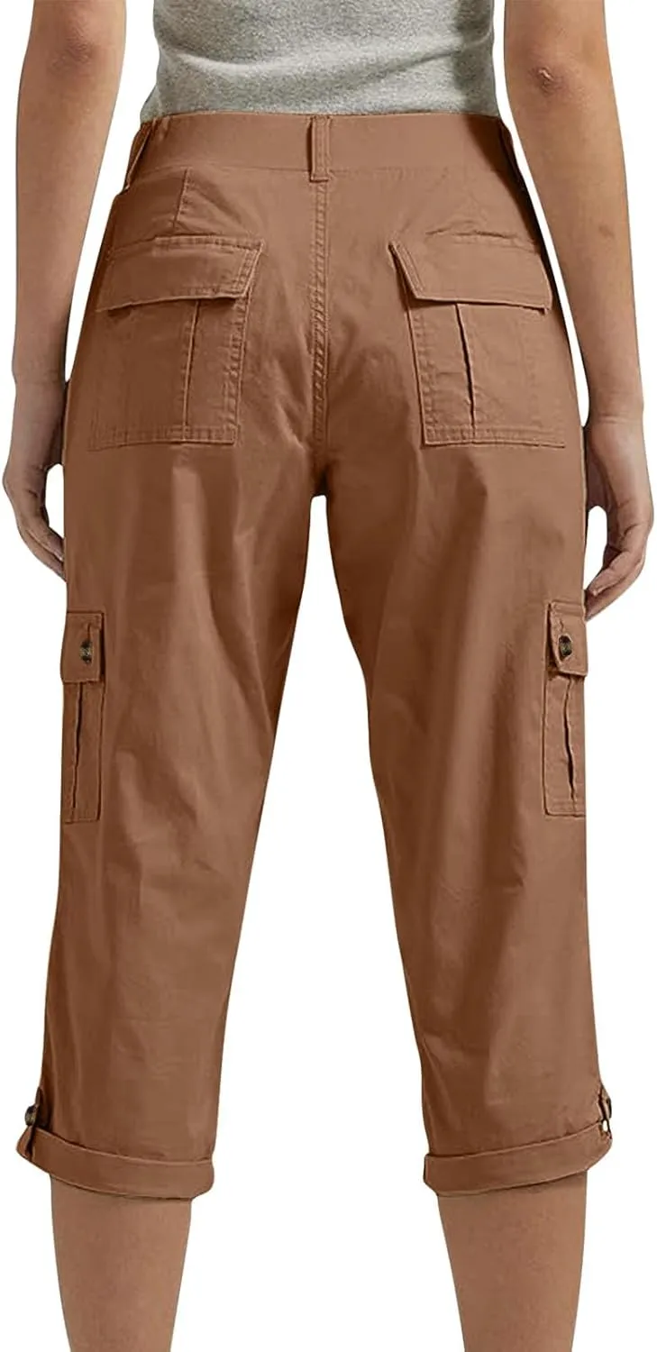 Cargo Capri Pants Women High Waisted Elastic Capris Trousers Cropped Pants with Pockets Casual Work Clothes