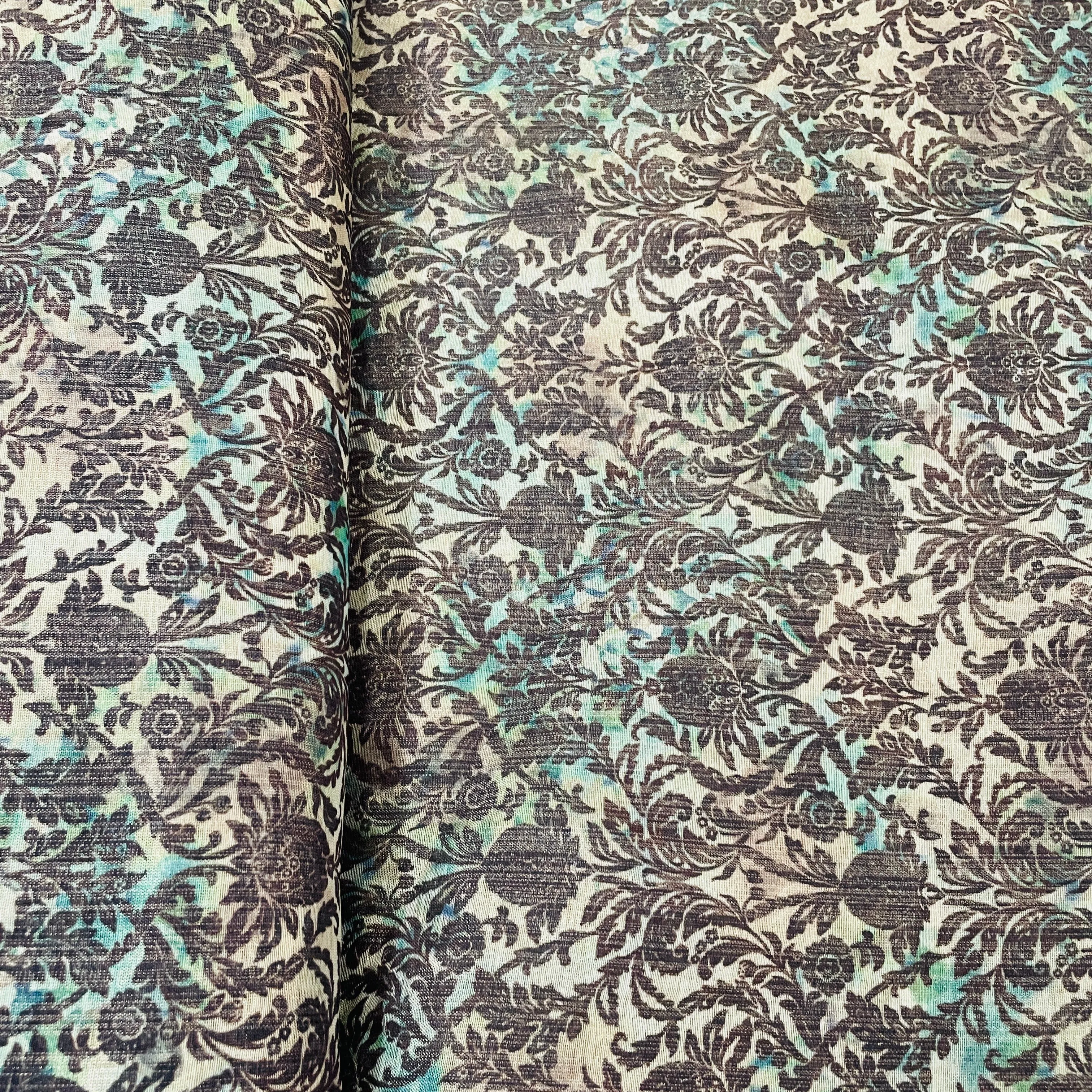Classic Green Floral Print Zari Organza Fabric