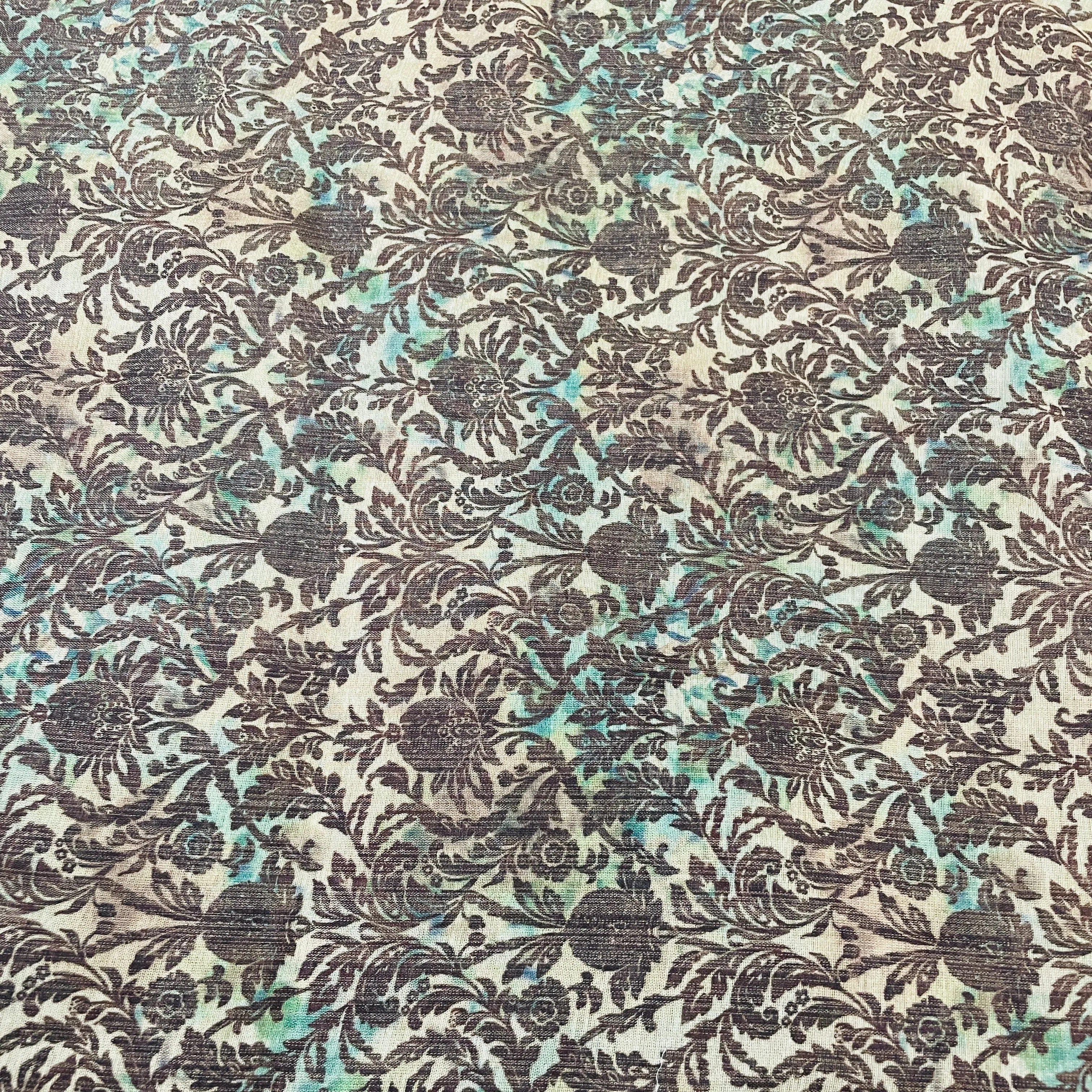 Classic Green Floral Print Zari Organza Fabric