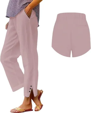 Cotton Linen Pants Women Plus Size Wide Leg Casual Summer Travel Beach Pants Pull on Loose Fit Elastic Waist Capris