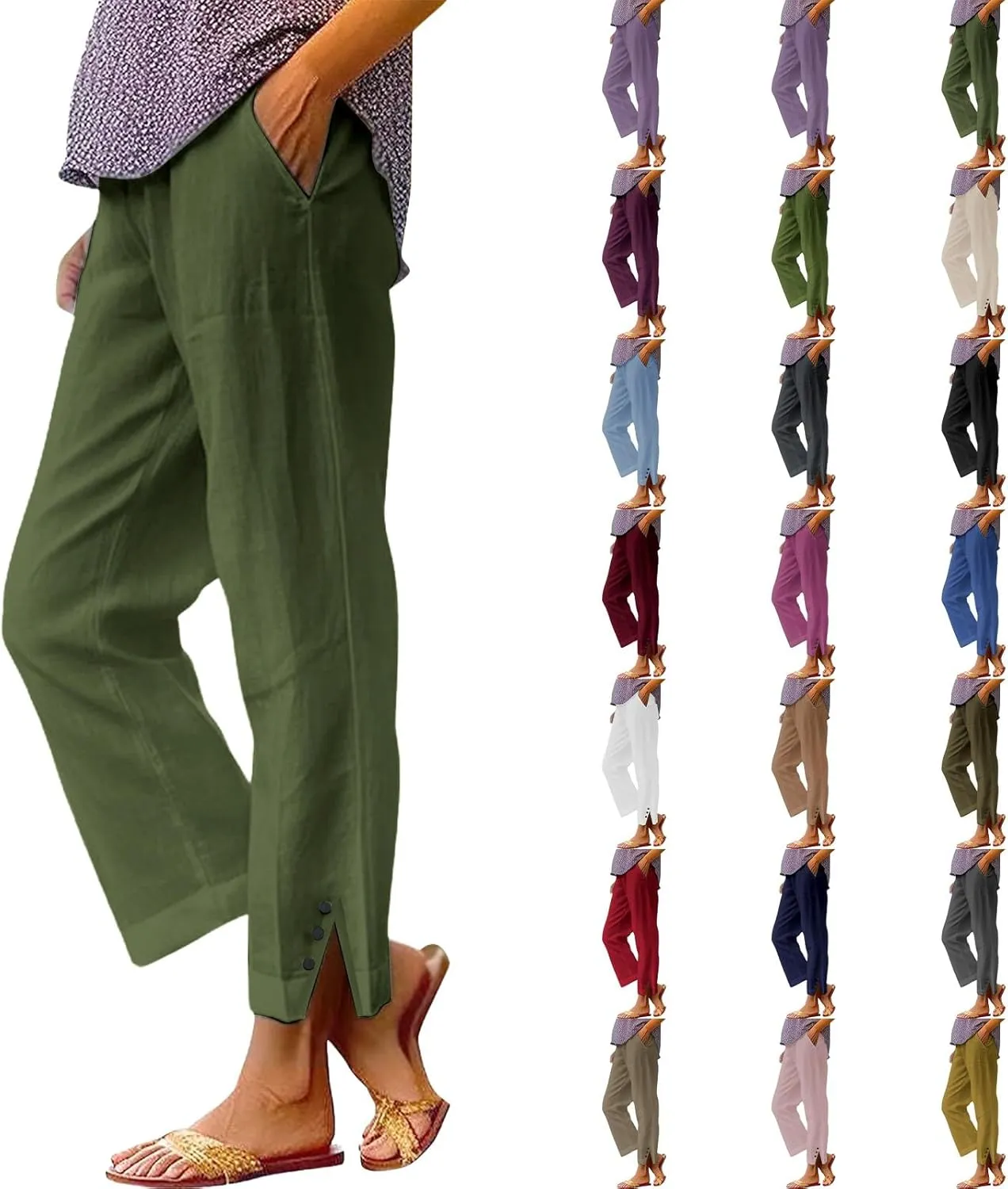 Cotton Linen Pants Women Plus Size Wide Leg Casual Summer Travel Beach Pants Pull on Loose Fit Elastic Waist Capris