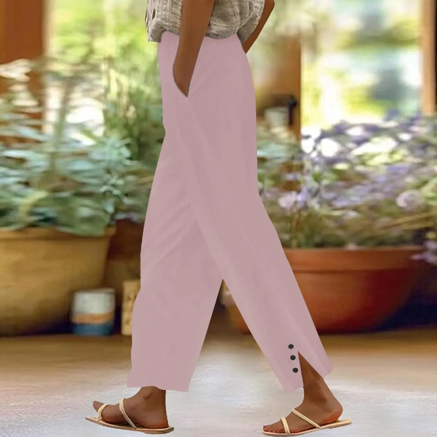 Cotton Linen Pants Women Plus Size Wide Leg Casual Summer Travel Beach Pants Pull on Loose Fit Elastic Waist Capris