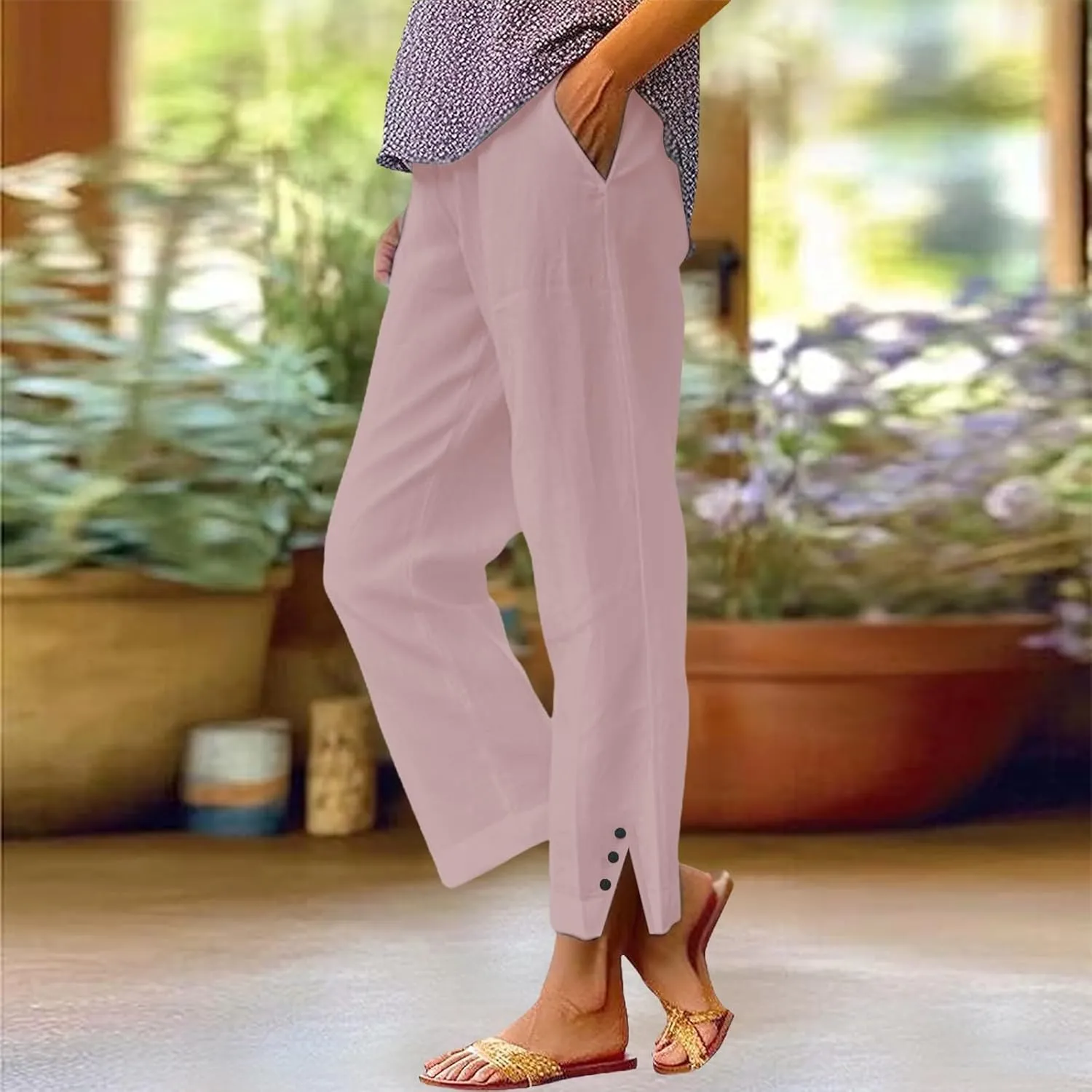 Cotton Linen Pants Women Plus Size Wide Leg Casual Summer Travel Beach Pants Pull on Loose Fit Elastic Waist Capris