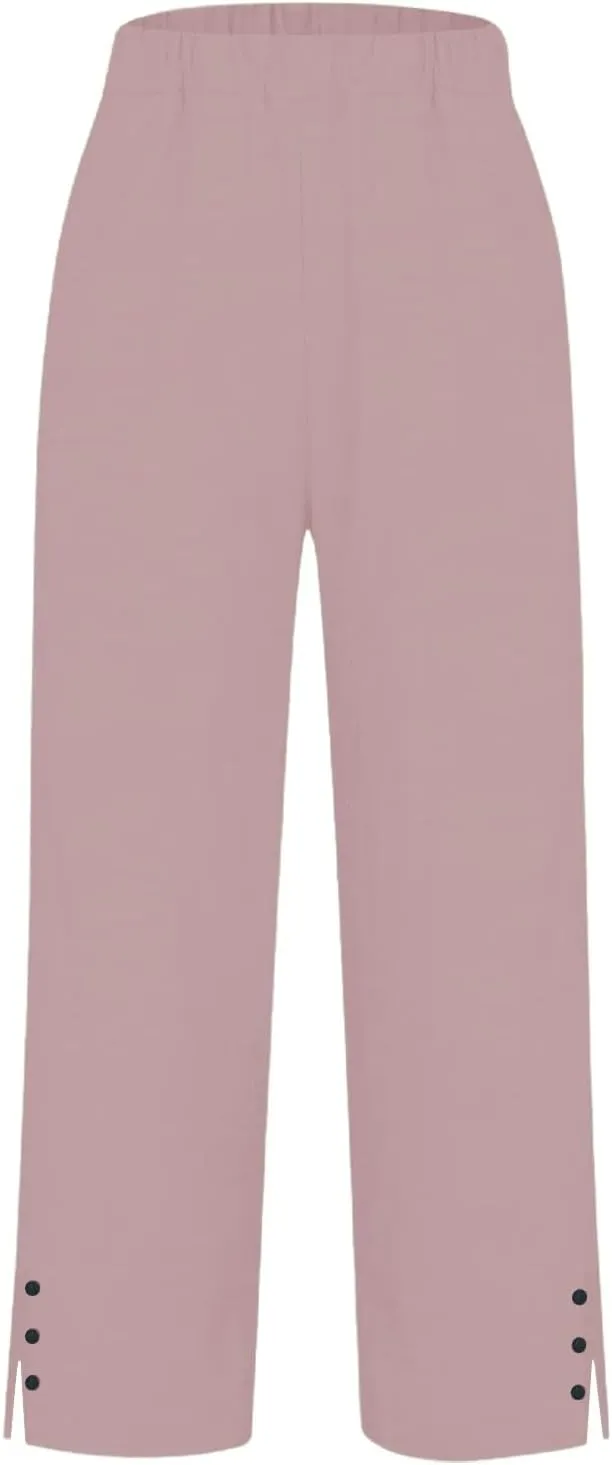 Cotton Linen Pants Women Plus Size Wide Leg Casual Summer Travel Beach Pants Pull on Loose Fit Elastic Waist Capris