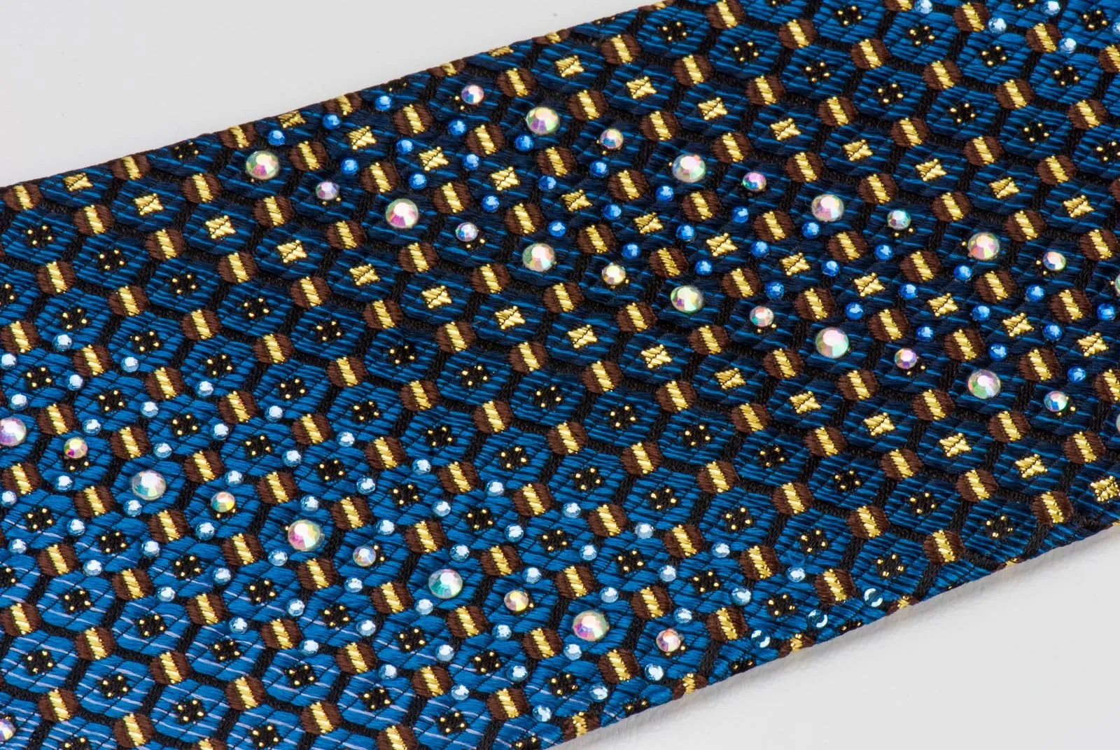 Countess Mara Men's Silk Rhinestone Tie Blue & Gold Geometric Design On Black