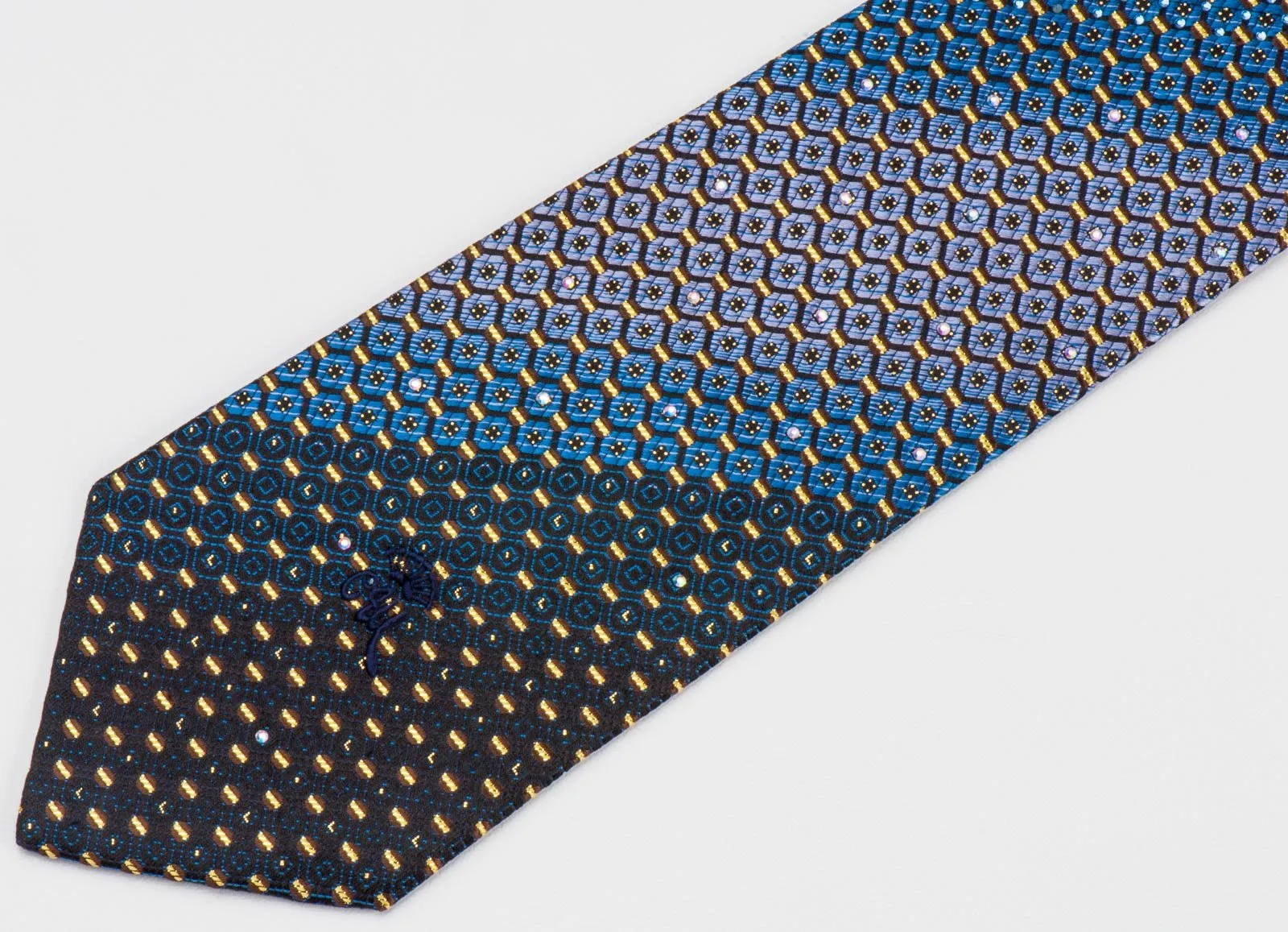 Countess Mara Men's Silk Rhinestone Tie Blue & Gold Geometric Design On Black