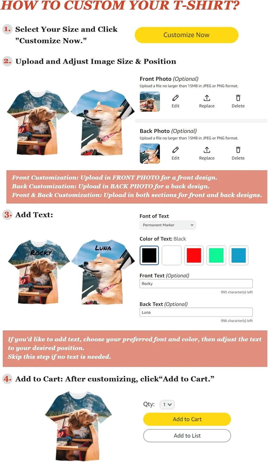 Custom All Over Printed T-Shirts, Personalized Tshirts with Photo/Text/Logo, Front and Back Printed Unisex Tee