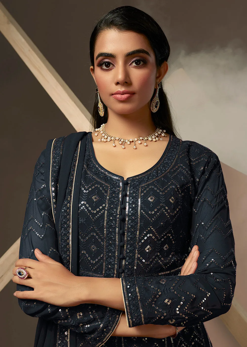 Deep Blue Lucknowi Style Embroidered Georgette Gown