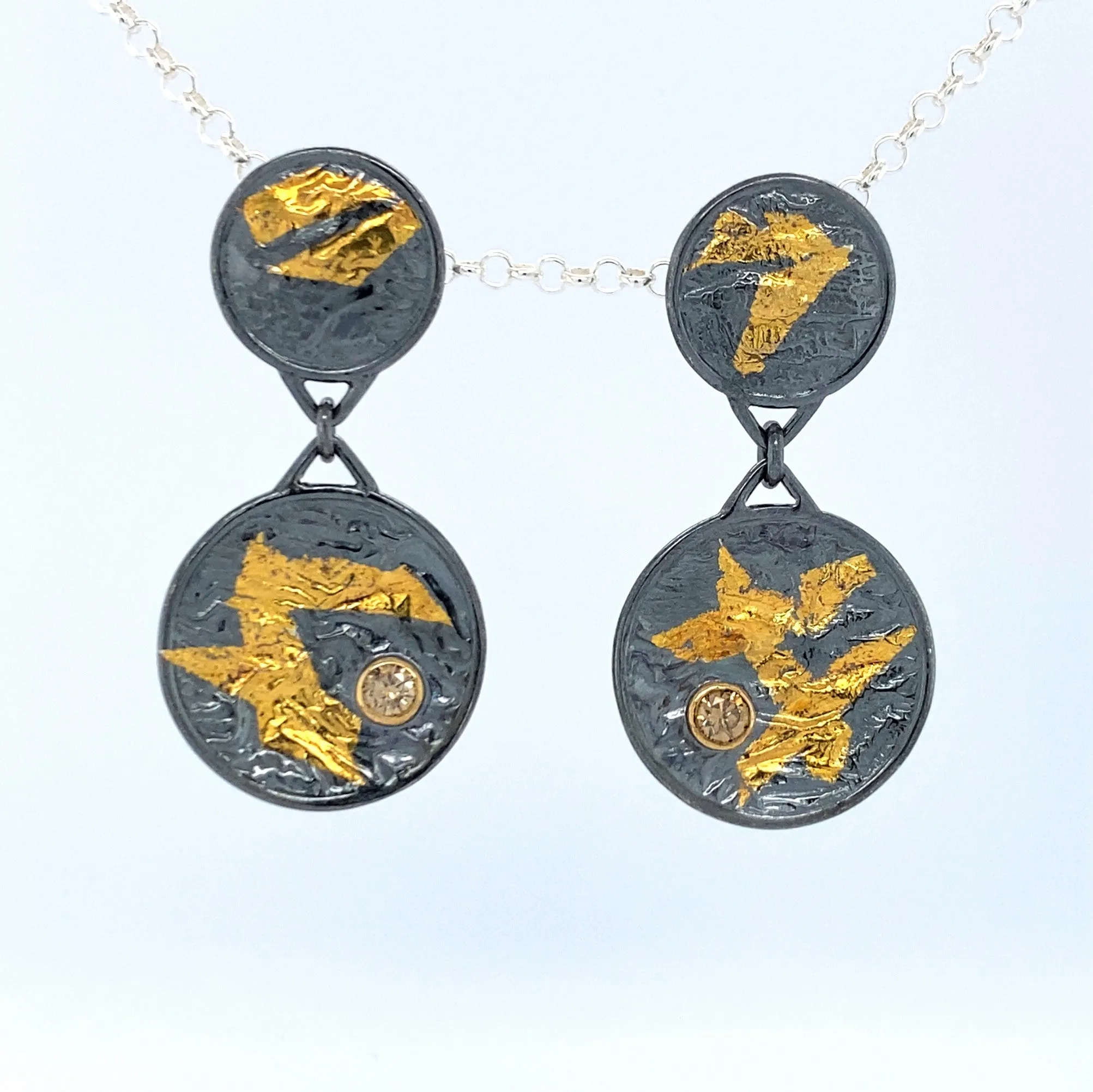 Double Disk Keum-boo Gold Earrings with Champagne Diamond