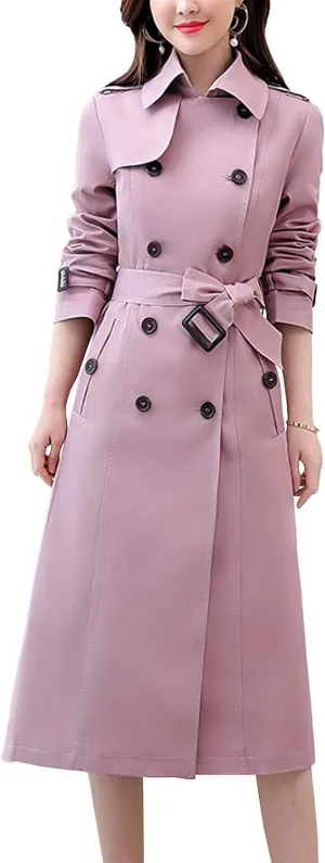 ebossy Women's Classic Double Breasted Midi-Length Trench Coat with Belt