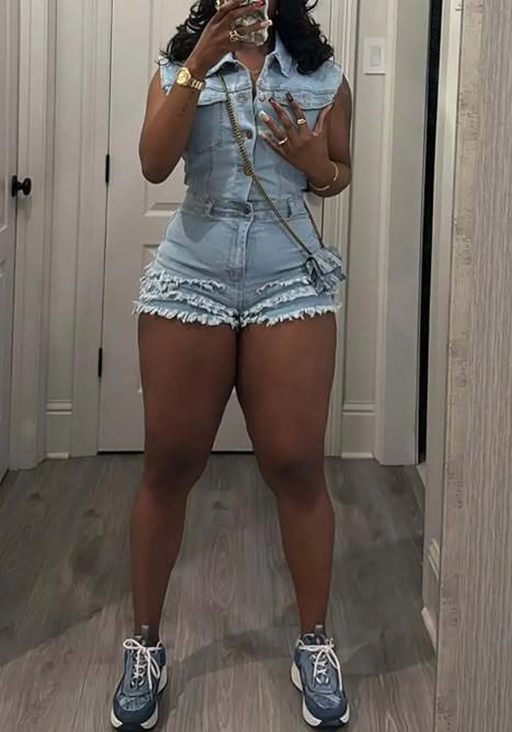 Ecirod Denim Romper Jumpsuit for Women Sexy Button Down Sleeveless Jeans Cargo Shorts Jumpsuit Streetwear