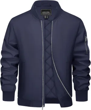 EKLENTSON Mens Bomber Jacket Fleece Lined Windbreaker Waterproof Jacket Full Zip Flight Bomber Coat, Navy, XL