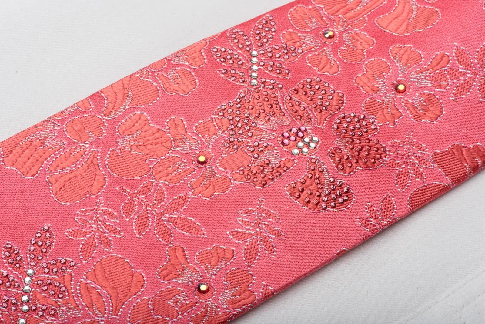 Elegance Rhinestone Silk Necktie Floral On Pink With Silver Sparkles