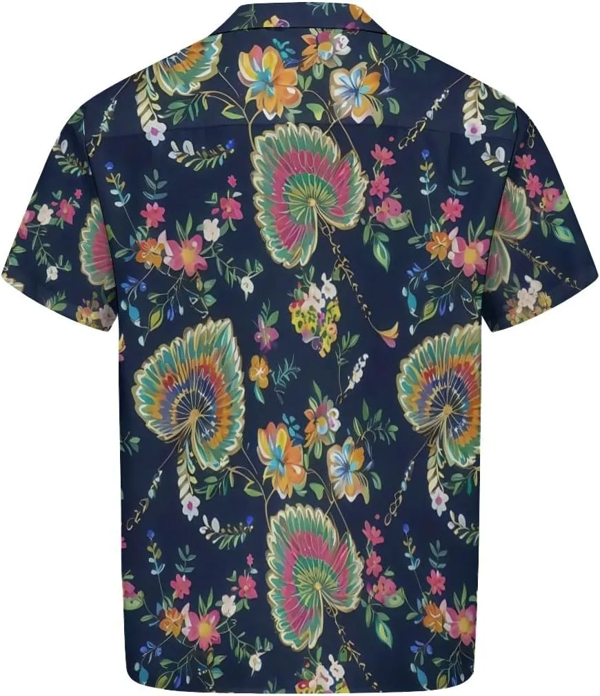 Elegant White - Blue Flower Design Cuban Collar Pocketless Beach Polo Shirts Short Sleeved Men's Shirt