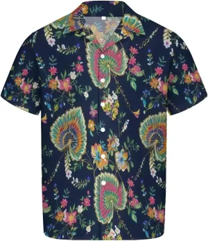 Elegant White - Blue Flower Design Cuban Collar Pocketless Beach Polo Shirts Short Sleeved Men's Shirt