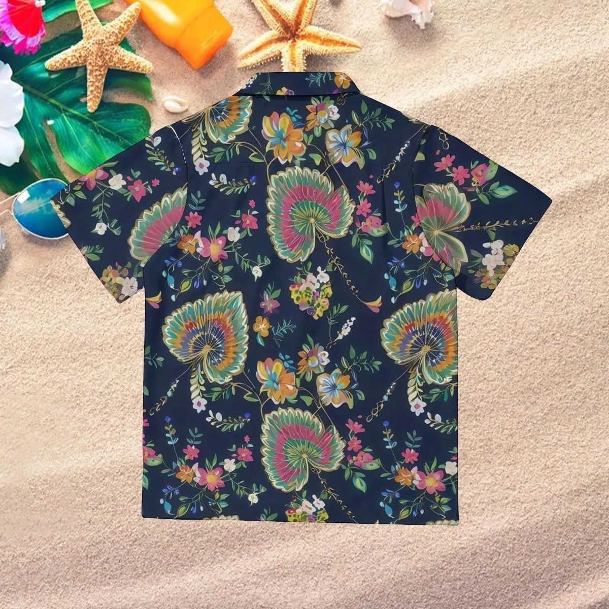 Elegant White - Blue Flower Design Cuban Collar Pocketless Beach Polo Shirts Short Sleeved Men's Shirt