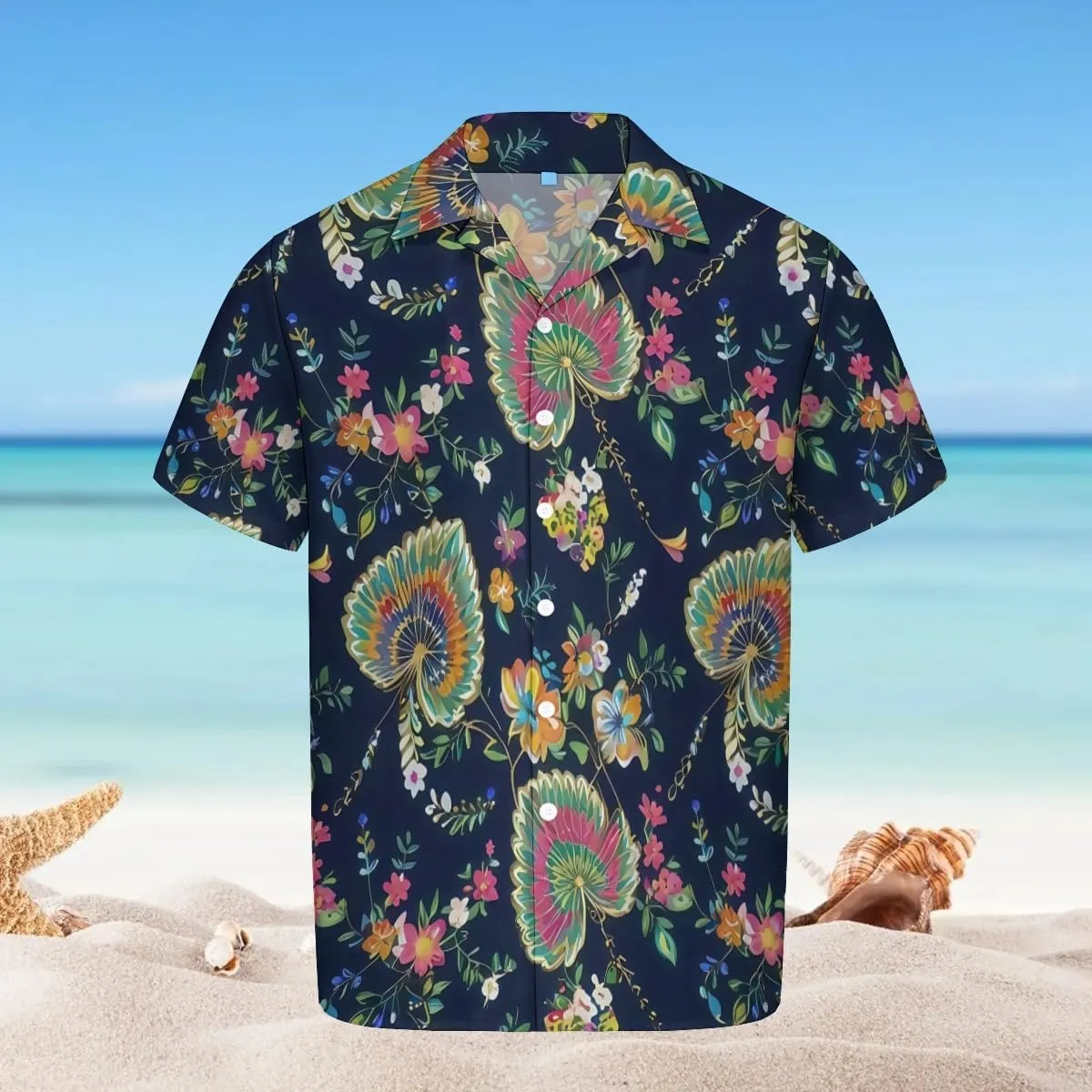 Elegant White - Blue Flower Design Cuban Collar Pocketless Beach Polo Shirts Short Sleeved Men's Shirt