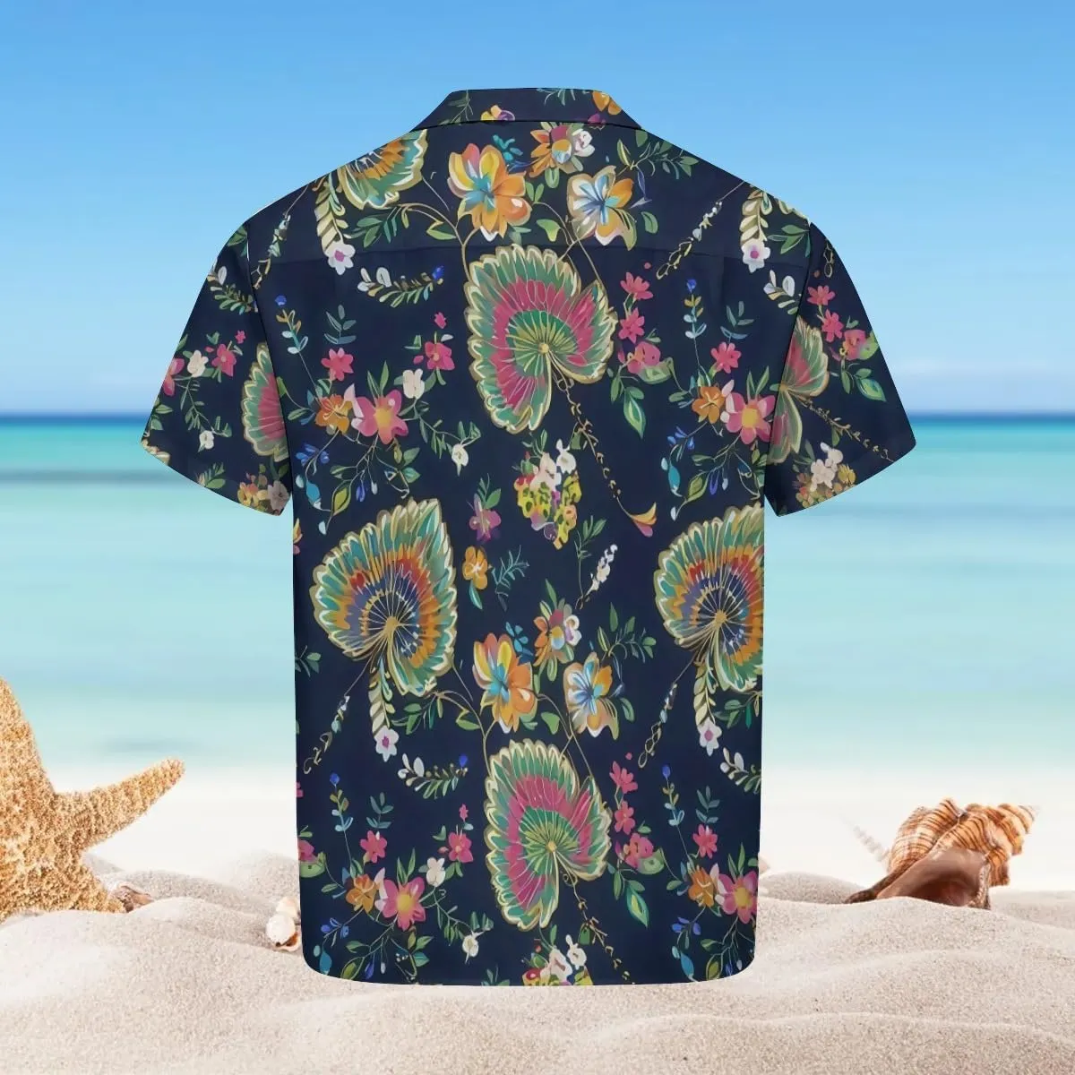 Elegant White - Blue Flower Design Cuban Collar Pocketless Beach Polo Shirts Short Sleeved Men's Shirt