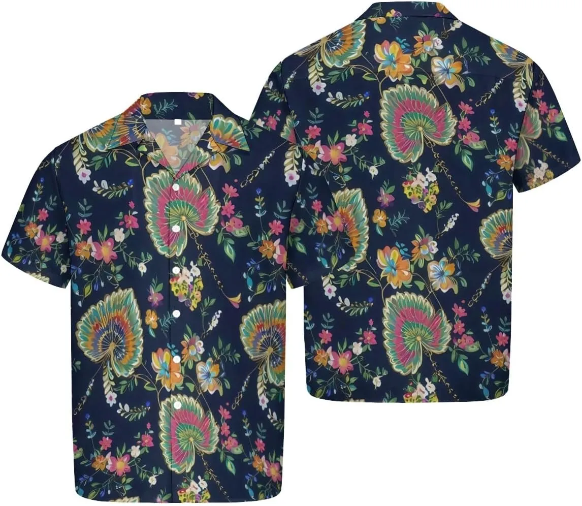 Elegant White - Blue Flower Design Cuban Collar Pocketless Beach Polo Shirts Short Sleeved Men's Shirt