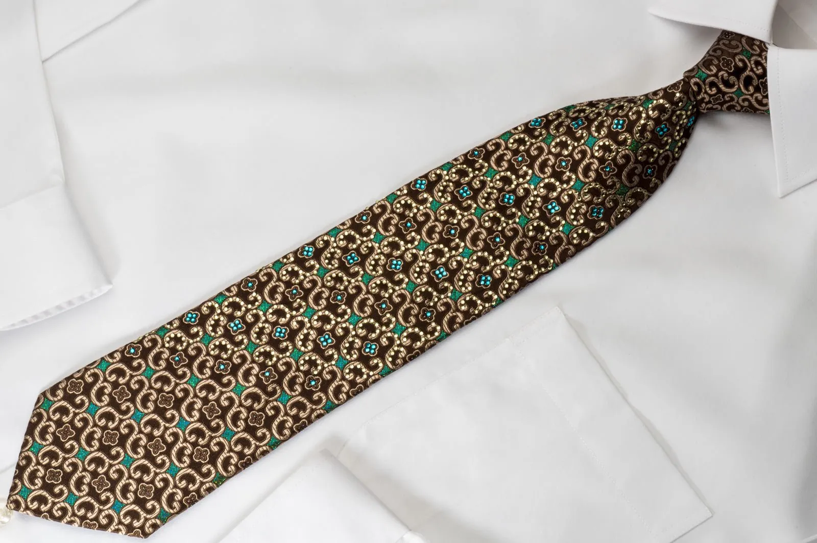 Elle Homme Silk Rhinestone Necktie Golden Scrolls On Brown With Blue Sparkles
