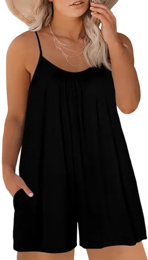 Eytino Womens Plus Size Jumpsuits V Neck Casual Loose Sleeveless Spaghetti Strap Short Rompers (1X-5X)