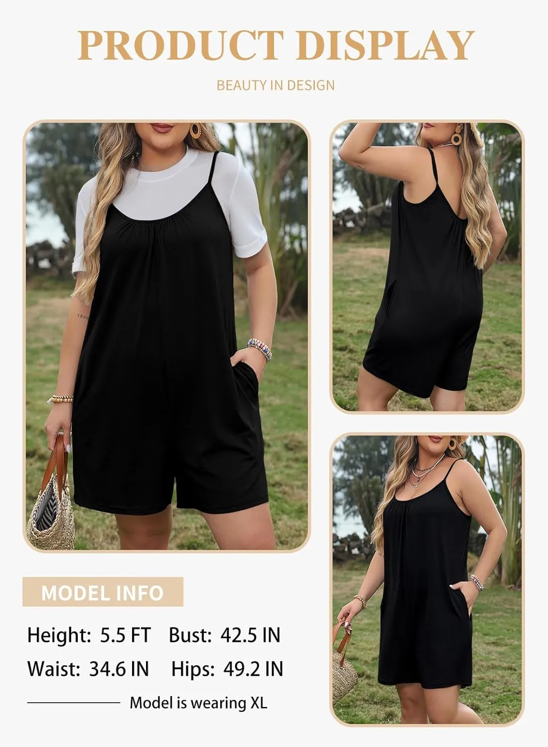 Eytino Womens Plus Size Jumpsuits V Neck Casual Loose Sleeveless Spaghetti Strap Short Rompers (1X-5X)