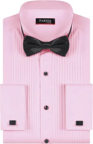 FAHIZO Men's White Tuxedo Shirt with Wing Collar, French Cuffs & Accessories