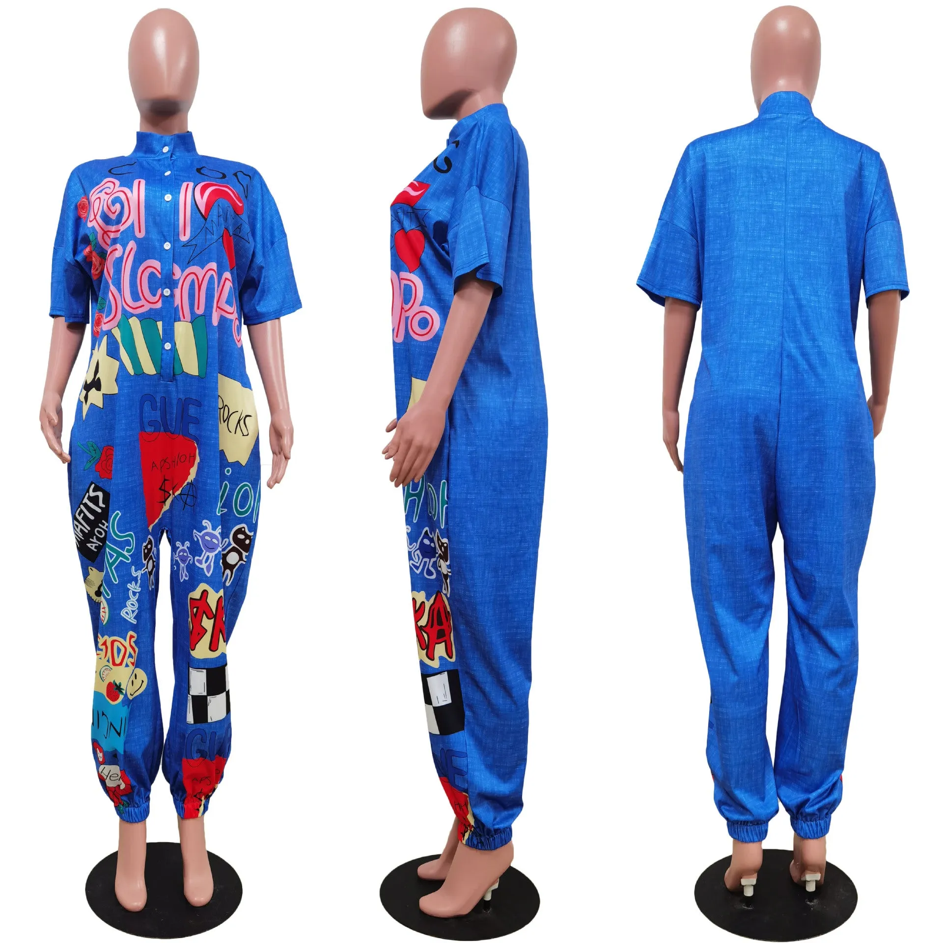 Fashion Wide Leg Printed Short Sleeve Jumpsuit（AY2310）