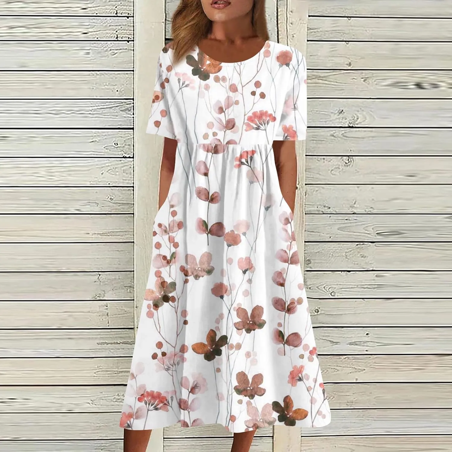 FlekmanArt Dresses for Women 2024 Printed Round Neck Long Dress Pocket Short Sleeve Beach Dress Pleated Elegant Maxi Dress